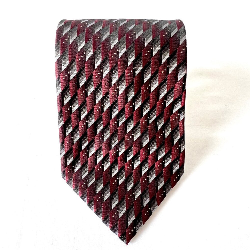 Van Heusen Neck Tie, Silk, Handmade, Dark Red, Gray and Black, EC